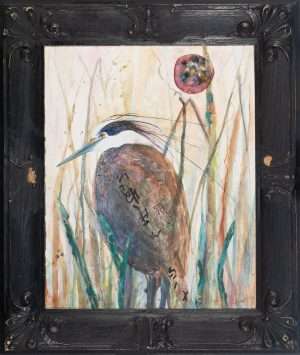 A painting of a bird with a red dot on its head.